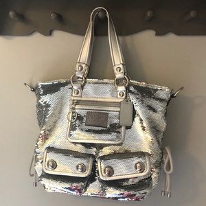 Coach Poppy Silver Sequined Satchel Like New Condition